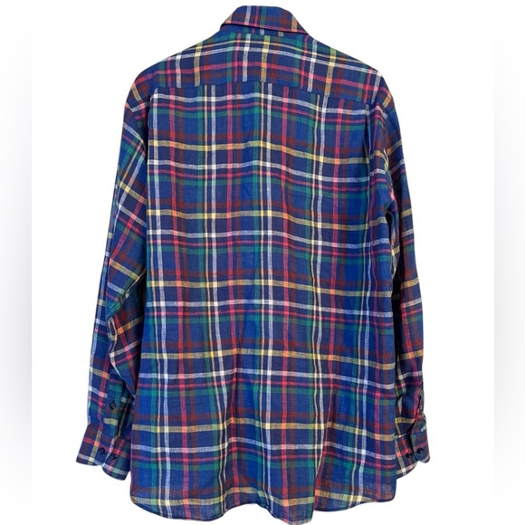 St Croix Men’s 100% Italian linen blue yellow plaid long sleeve button down Sz L - Picture 2 of 4